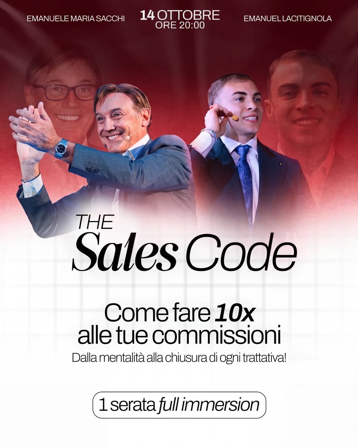 Locandina di The Sales Code: 14 ottobre ore 20:00, con Emanuele Maria Sacchi ed Emanuel Lacitignola — come fare 10x alle tue commissioni